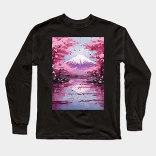 Japan Mount Fuji Cherry Blossom Tree Watercolor Painting Abstract Art Long Sleeve T-Shirt